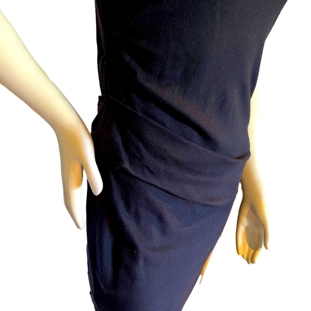 HALSTON HERITAGE BLACK & BROWN SHORT SLEEVE RUCHED LEATHER & WOOL DRESS - Picture 3 of 10